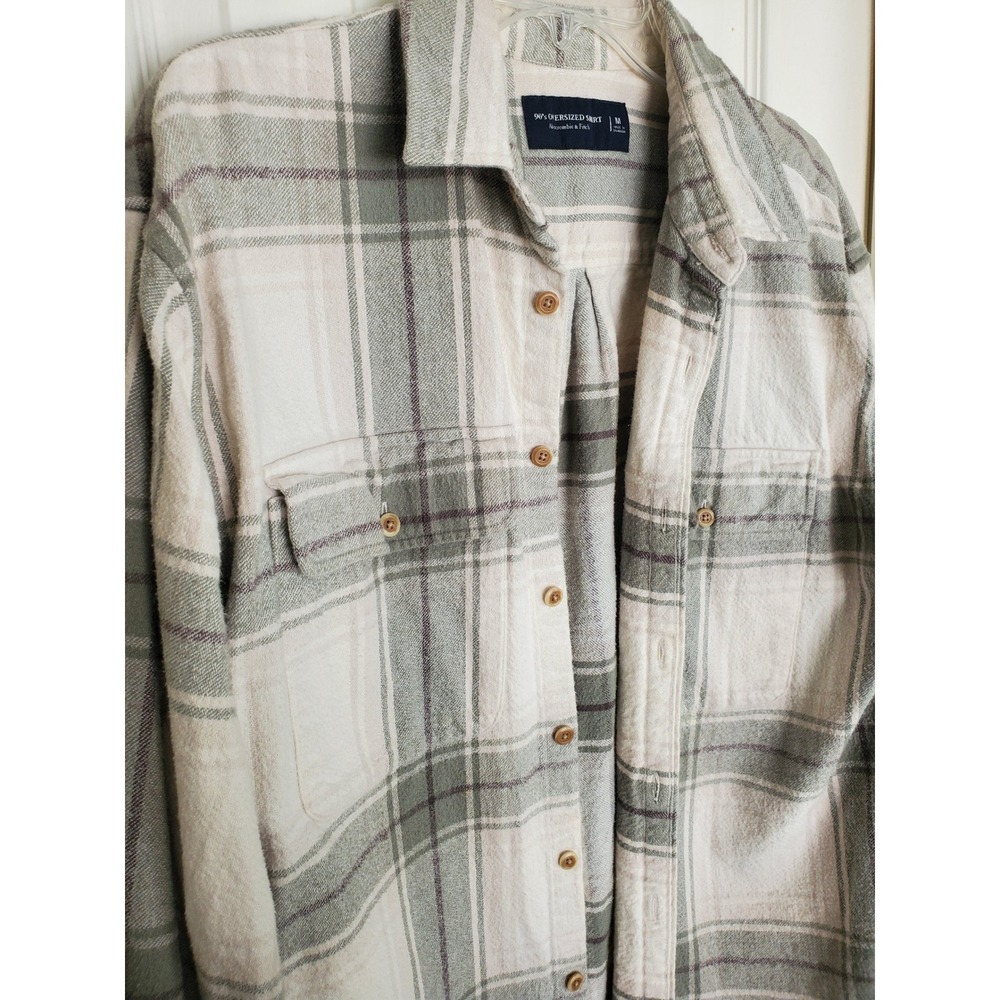 Abercrombie & Fitch Flannel Shirt Grey Cream Plaid 90s Oversized Button Up M